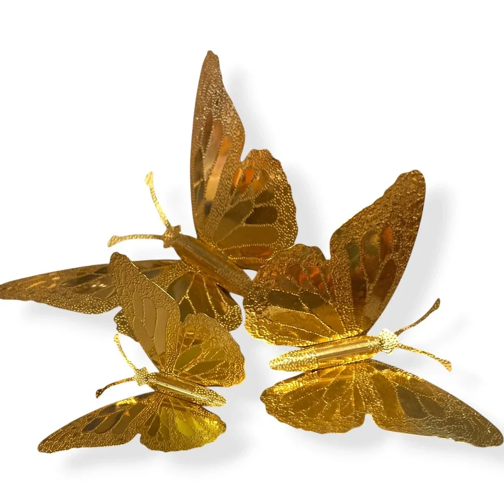 Vintage Gold Metal Butterfly Wall Decor Set of 3 Embossed Textured MCM Style